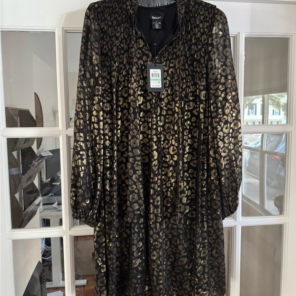 DKNY Black and Gold Animal Print Long Sleeve Dress